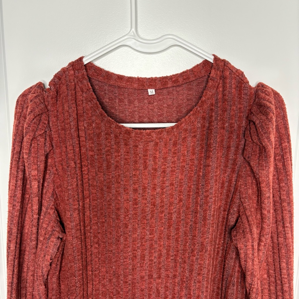 Red Ribbed Long Sleeve Hoodie - Picture 3 of 4